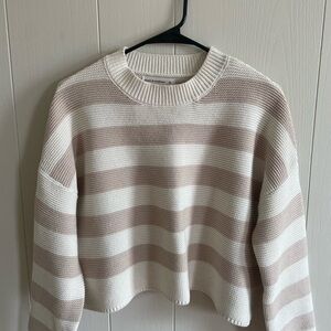 Cotton Cream and Tan Crew Neck Striped Sweater